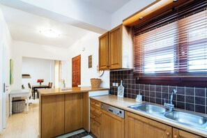 Standard Apartment | Private kitchen | Full-size fridge, microwave, oven, stovetop - Penelope Downtown (Skiathos)
