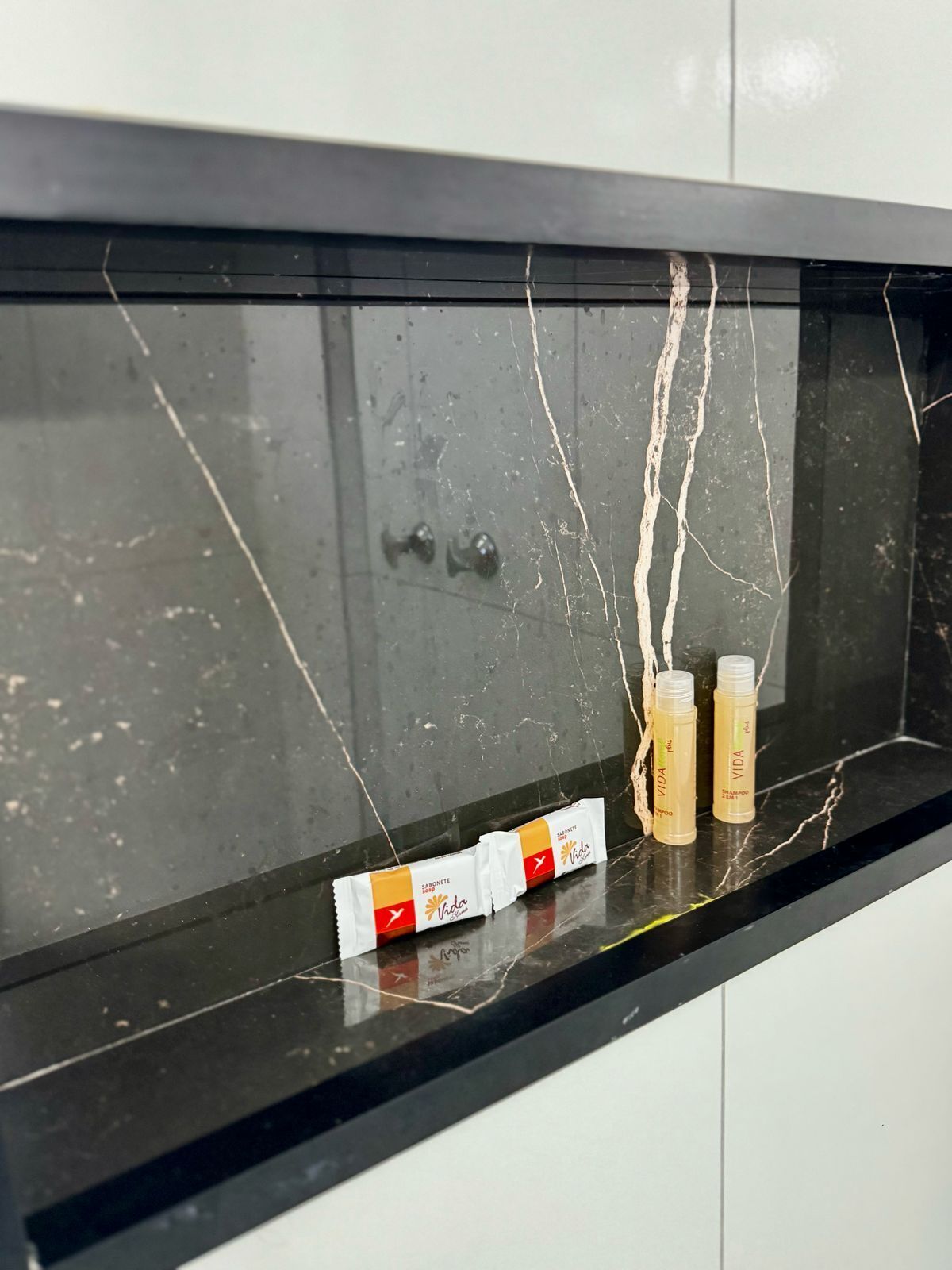 Eine schwarze Marmorarbeitsplatte mit zwei Flaschen mit der Aufschrift 'Vida' und einer Schachtel 'Vida Shampoo'.