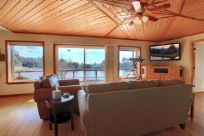 Smart TV, fireplace, video games, foosball