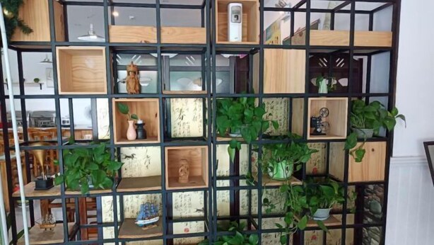 A multi-tiered shelving unit with various compartments, some containing plants and others with decorative items. - Enjoy staying at Premium Hotel (Zhaoyuan)