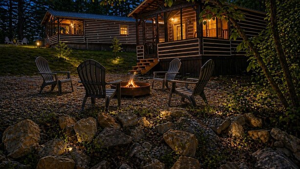A rustic cabin with a fire pit and Adirondack chairs, surrounded by rocks and trees.