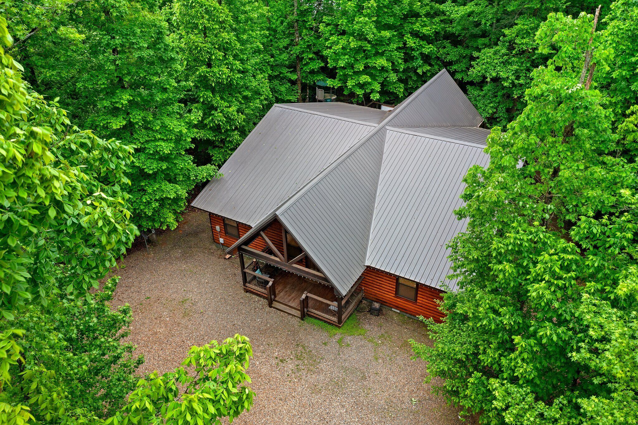 A cabin with a sloped roof surrounded by dense forest.