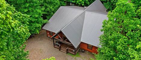 A cabin with a sloped roof surrounded by dense forest.