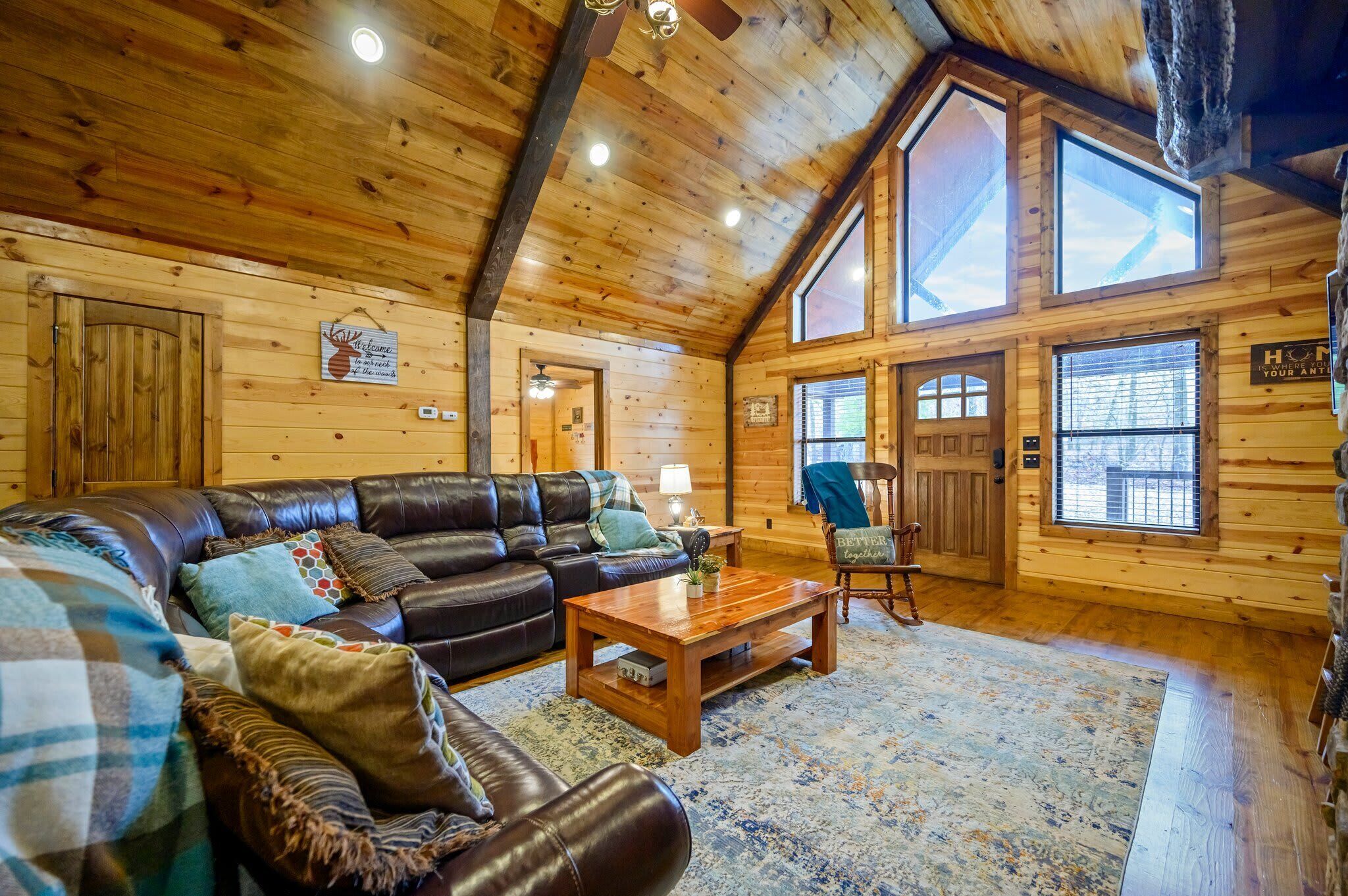 Cabin, Multiple Beds, Hot Tub, Garden View (Whitetail Retreat) | Living area | 55-inch flat-screen TV with digital channels, fireplace