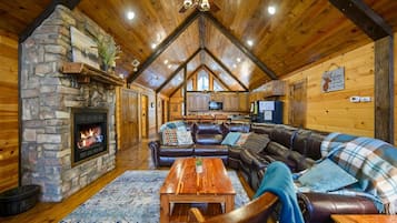 Cabin, Multiple Beds, Hot Tub, Garden View (Whitetail Retreat) | Living area | 55-inch flat-screen TV with digital channels, fireplace