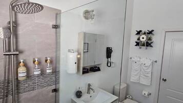 Hair dryer, towels, soap, shampoo