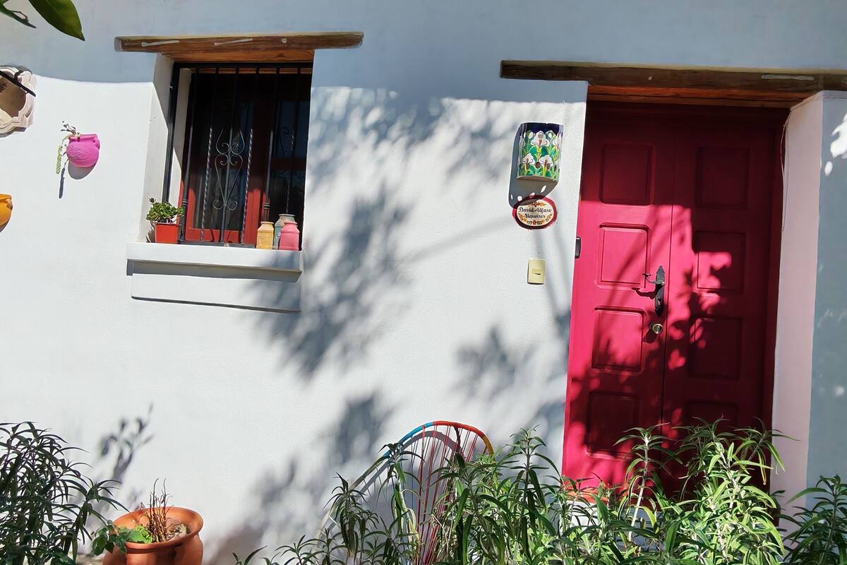 A white building with a red door, a window with potted plants, and a small window with decorative items.