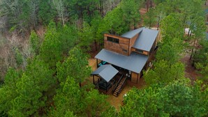 Una cabaña moderna rodeada de un bosque denso.