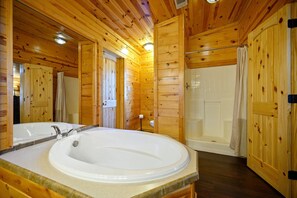 Cabin, Multiple Beds, Hot Tub, Mountain View (Outlaw Rose) | Bathroom | Deep-soaking bathtub, hair dryer, towels - Outlaw Rose Cabin for 8! (Broken Bow)