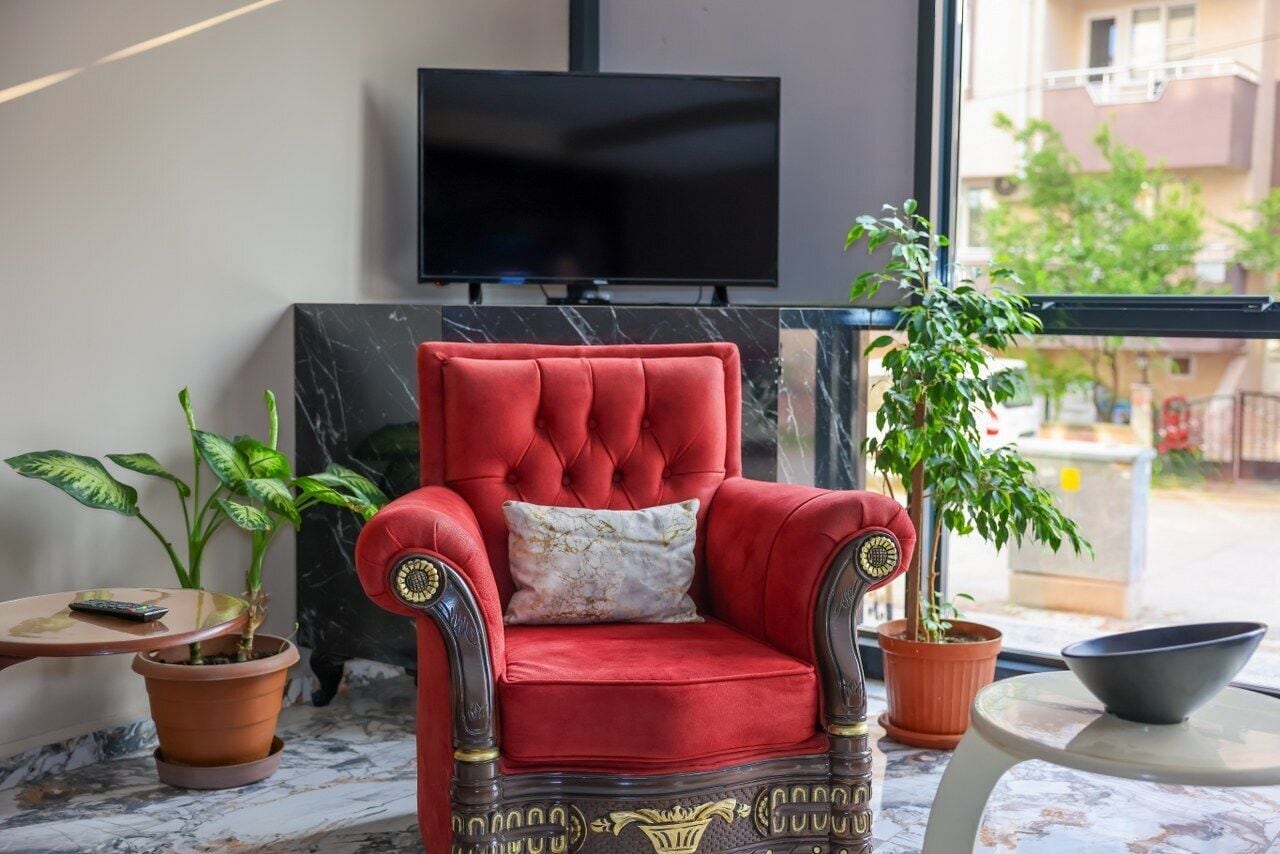 A red upholstered armchair with a cushion, positioned in front of a flat-screen TV mounted on a wall. There are potted plants on either side of the chair.