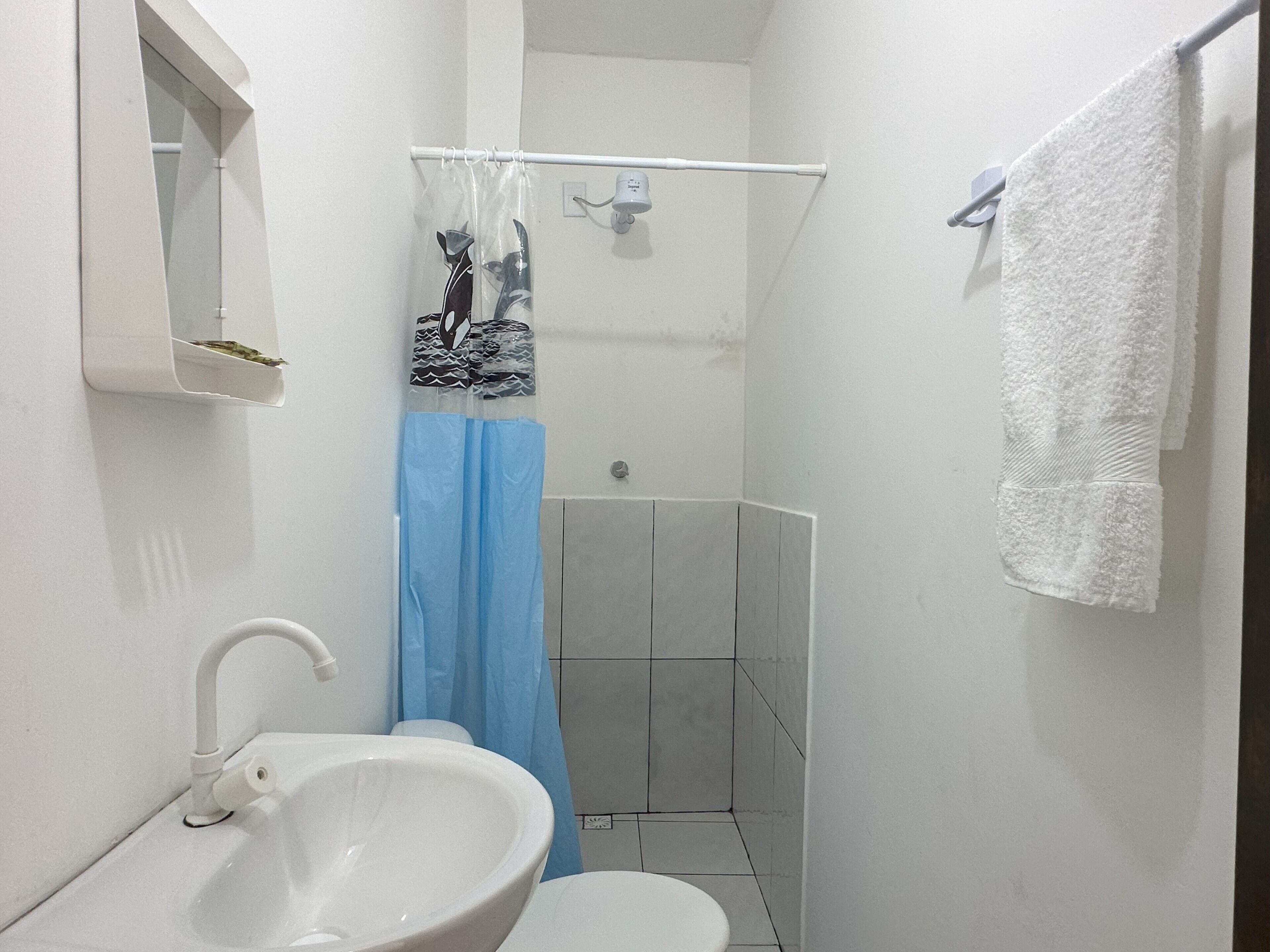 A small bathroom with a sink, toilet, and shower.