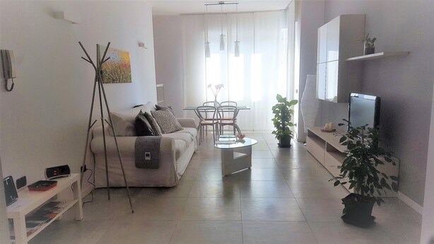 A modern living room with a sofa, coffee table, and dining area. There is a tripod, a TV, and several potted plants. - MILAN NAVIGLI LARGE APARTMENT VIA SAVONA-TORTONA (Milano)
