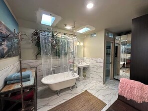 Hair dryer, towels, soap, toilet paper