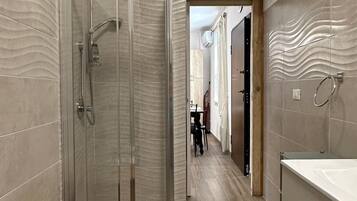 Shower, hair dryer, bidet, towels