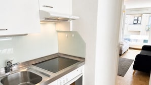 A modern kitchen with stainless steel appliances, a double sink, and a view into a living area with a sofa and a window. - Fantastic studio in the city centre (Art 8) (Zürich)