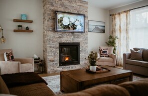 TV, fireplace, table football