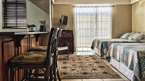 A bedroom with two beds, a desk with a chair, a TV, and a window with curtains. - Timbos Apartelle (Roseau)