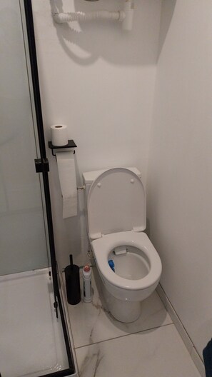 Een haardroger, handdoeken, zeep, toiletpapier