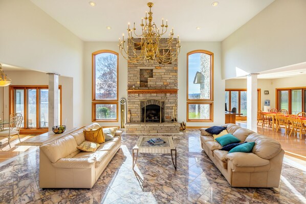 Smart TV, fireplace, video games, DVD player