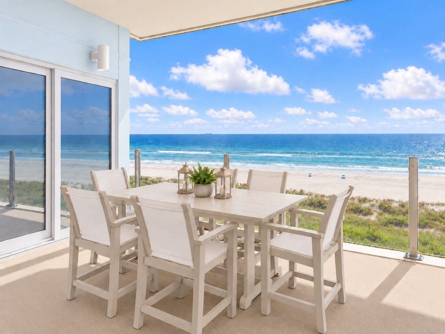 A dining area with a table and chairs, overlooking a beach with the ocean and a clear sky.