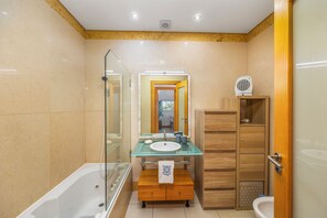 Hair dryer, bidet, towels, soap