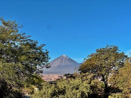 Una montaña rodeada de árboles bajo un cielo despejado.