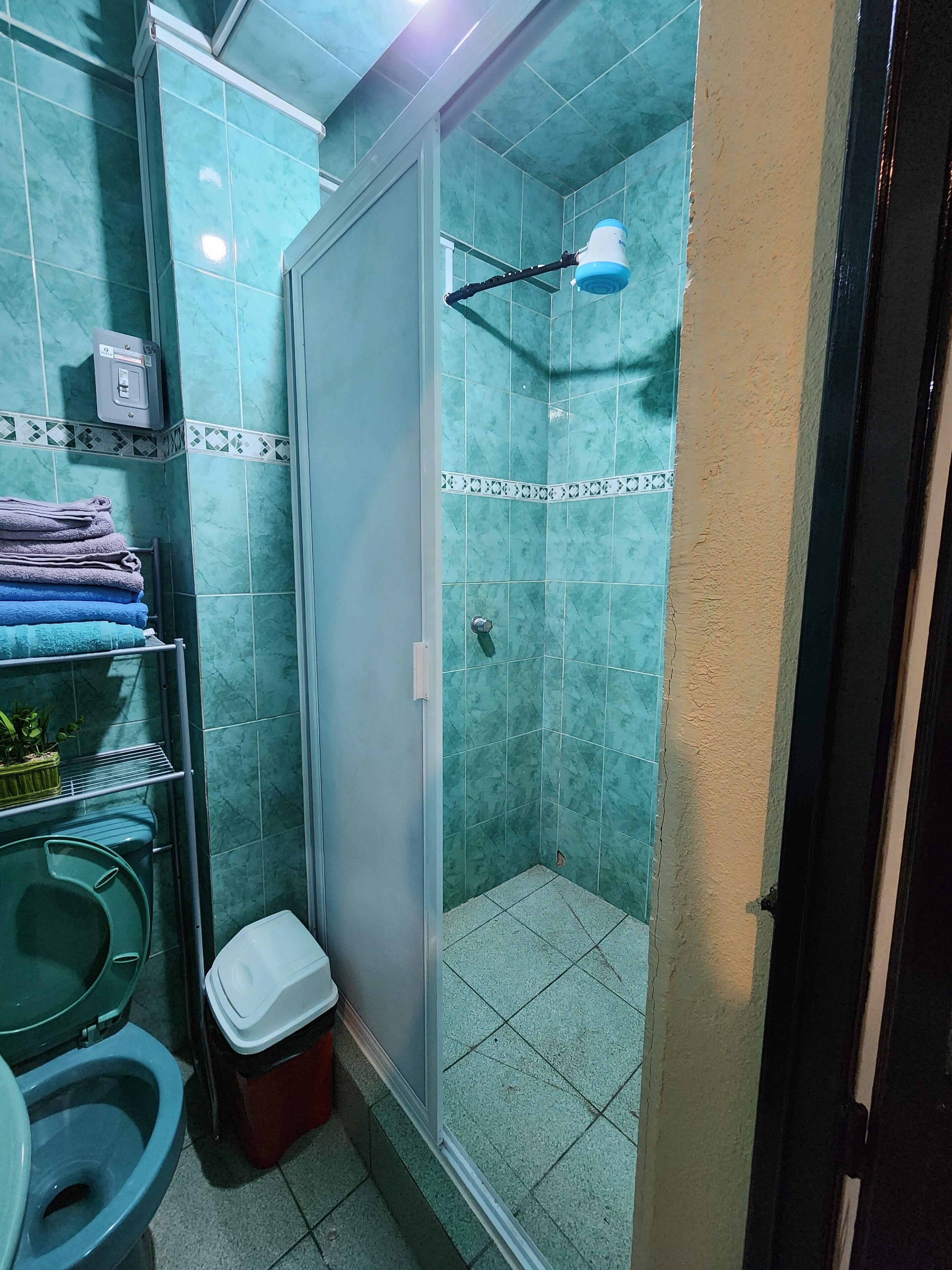 Chuveiro, secador de cabelo, toalhas de banho, sabonete