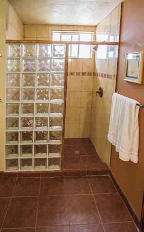 A bathroom with a shower stall, tiled walls, a towel rack, and a window. - Ocean Front Baja Vacation (Playas de Rosarito)