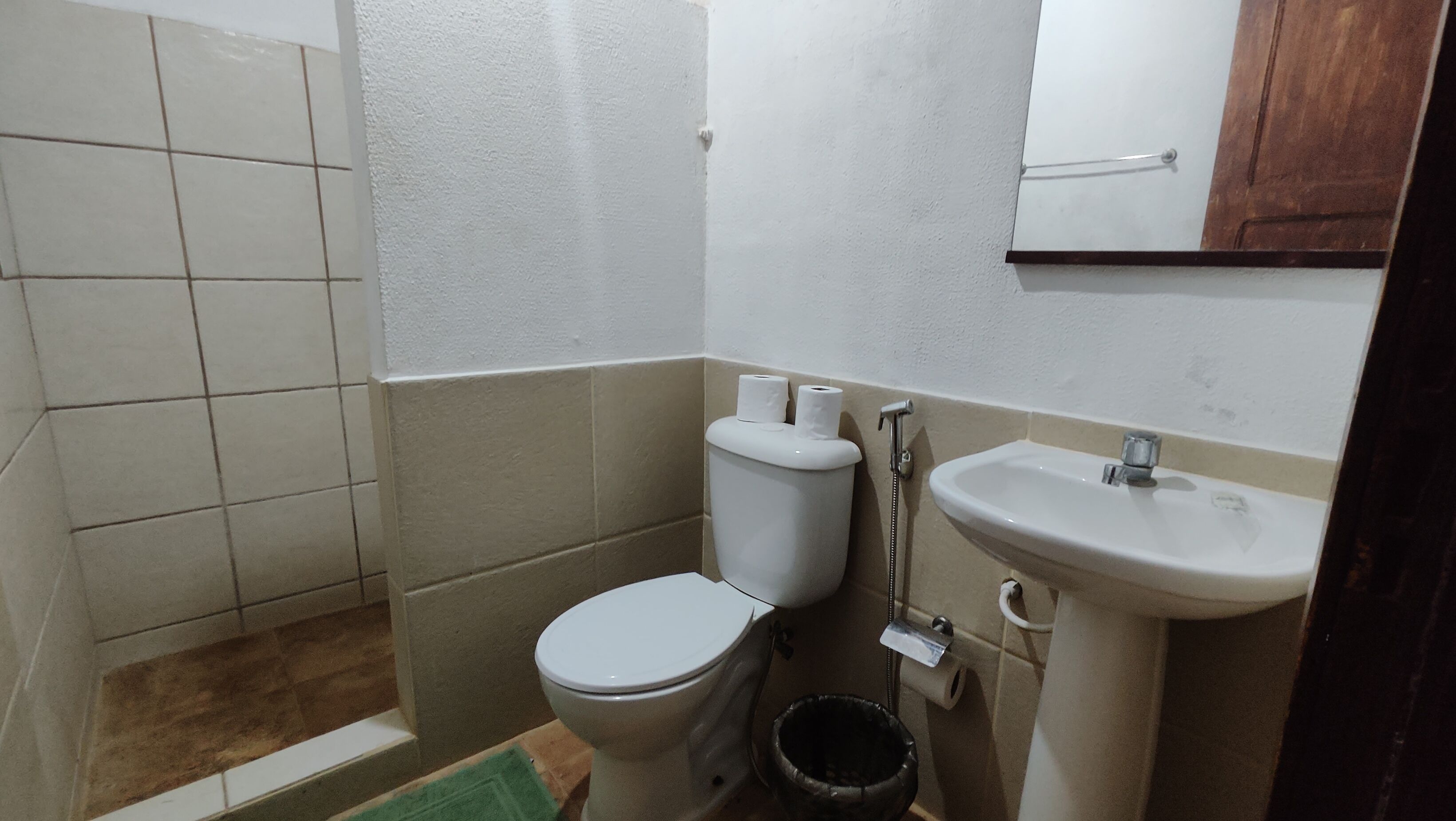Un baño pequeño con inodoro, lavamanos y ducha.