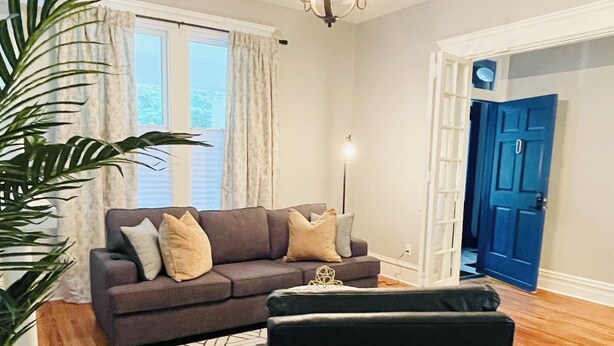 A living room with a dark sofa, a white rug, and a black chair. There is a plant, a floor lamp, and a blue door in the background. - Historic Garden 1-bedroom apartment in amazing Augusta - The Pearl with AC, WiFi (Augusta)