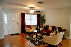 Smart TV, fireplace, books