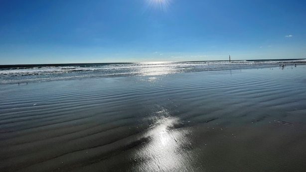 A beach with a clear sky and sunlight reflecting on the wet sand.