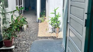 En smal sti der fører til en garage, kantet af plantekasser og en bygning med hvide facader.