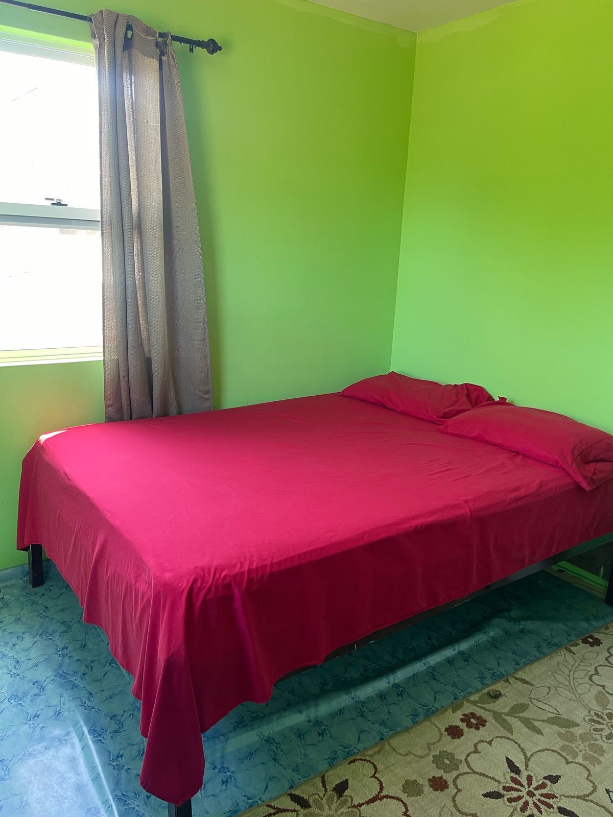 A room with a single bed, green walls, a window with curtains, and a patterned carpet.