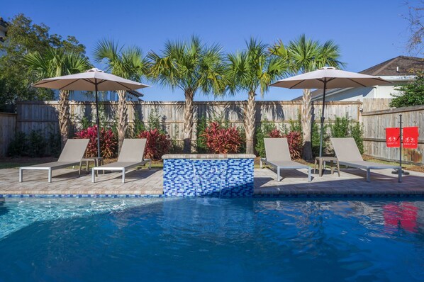 Outdoor pool, pool umbrellas, pool loungers