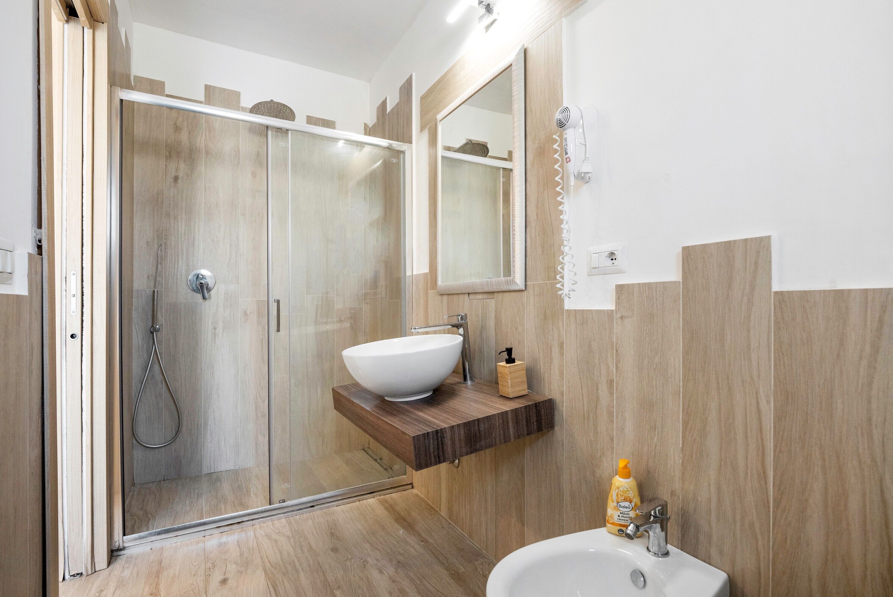 Shower, hair dryer, towels