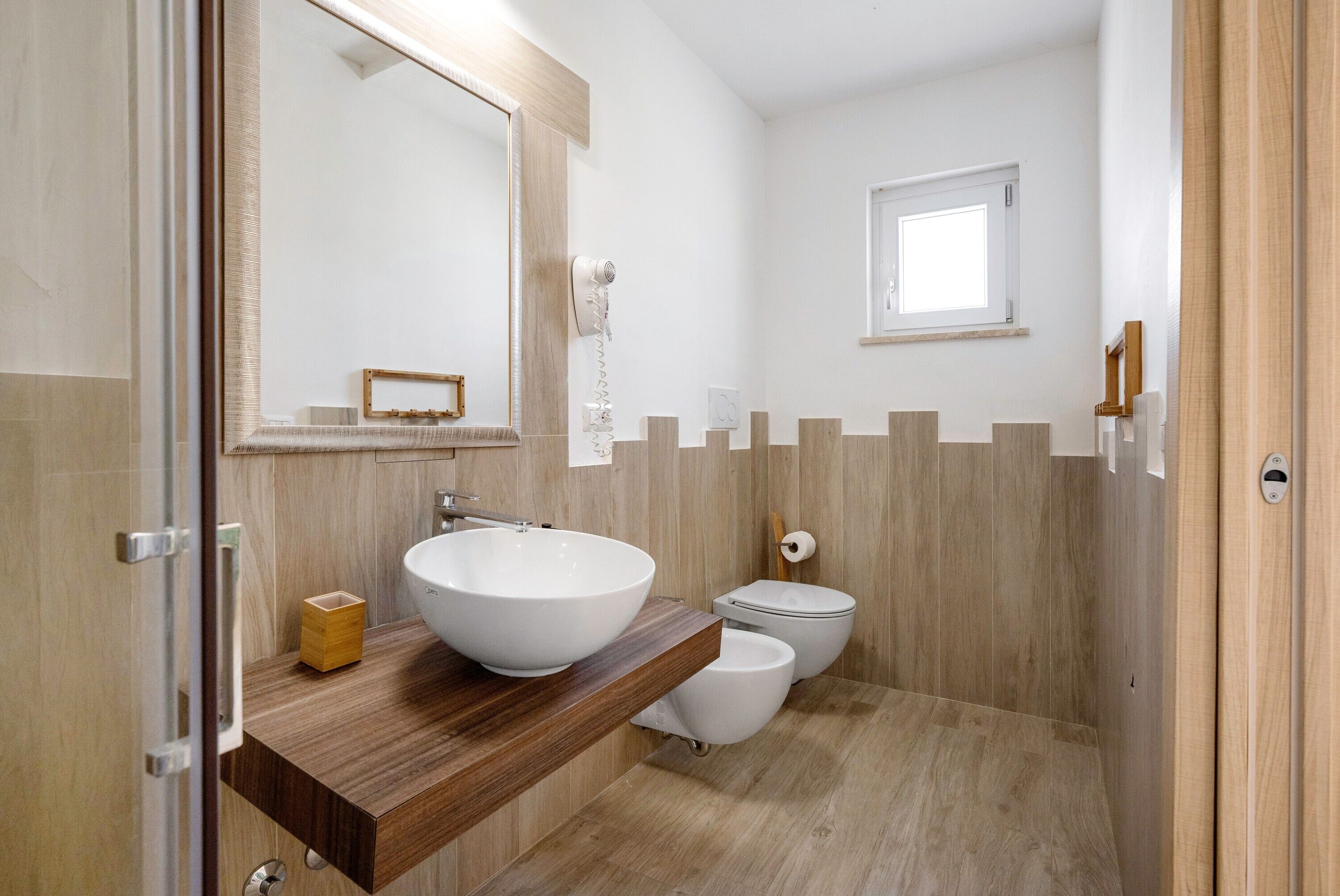 Shower, hair dryer, towels