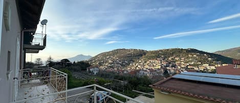 Ein Balkon mit Metallgeländer, der auf eine Hügelstadt blickt.