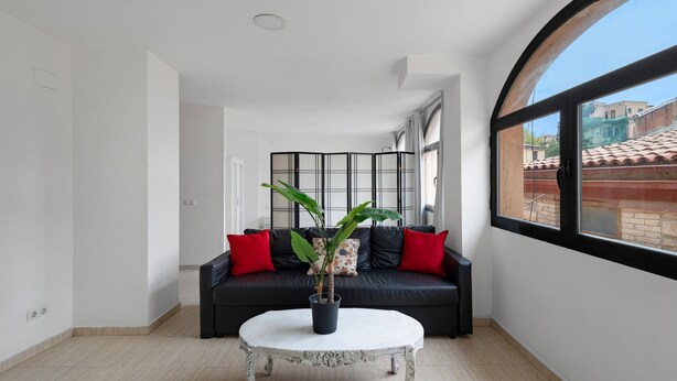 Une pièce avec un canapé noir, des coussins rouges, une table basse blanche et une plante en pot.