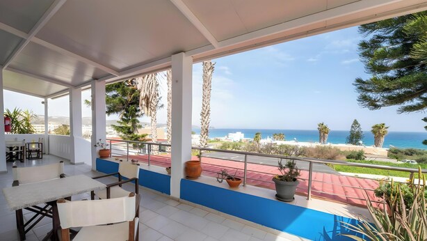 A covered outdoor area with a table and chairs, potted plants, and a view of the sea. - Traditional Κefalos Apt with Wooden Ceilings (Kos)