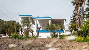 Ein modernes Gebäude mit blau-weißer Fassade, umgeben von Grünpflanzen und blauem Himmel.
