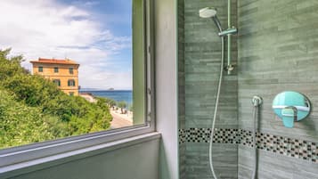 Shower, hair dryer, towels