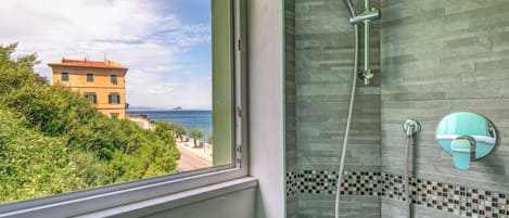 Shower, hair dryer, towels