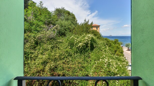 A balcony with a view of a coastal area, dense greenery, and a building in the background.