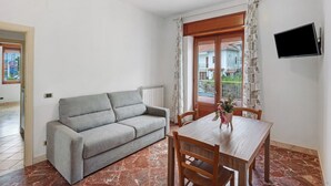 A living room with a sofa, dining table, chairs, a TV, and a window with curtains.