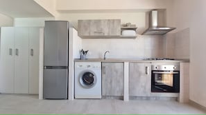 Cozinha moderna com frigorífico de aço inoxidável, máquina de lavar embutida, fogão a gás e forno de micro-ondas.