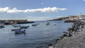 Un puerto con barcos, una costa rocosa y edificios al fondo.