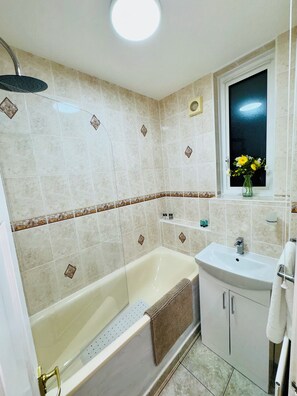 Hair dryer, towels, soap, toilet paper