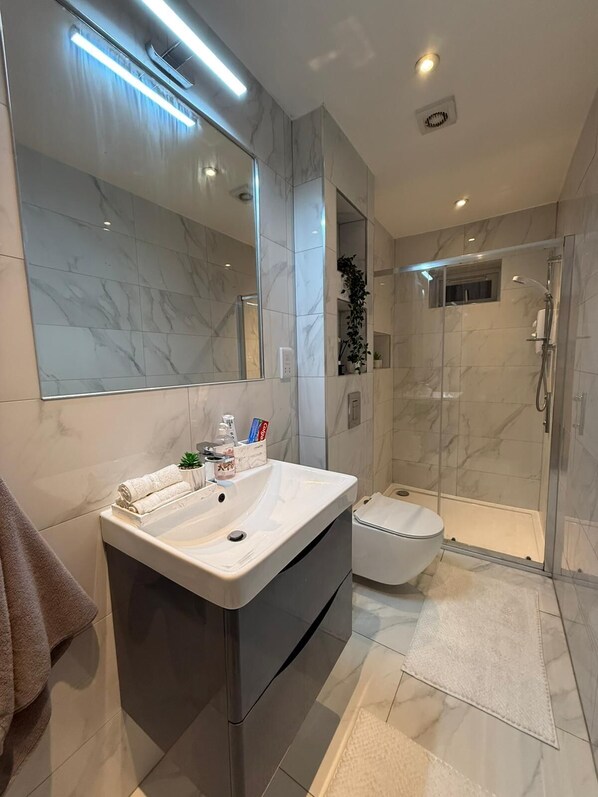 Shower, towels, soap, toilet paper