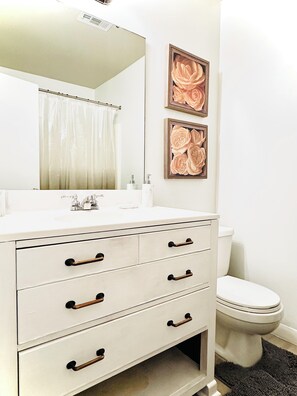 Hair dryer, towels, soap, shampoo